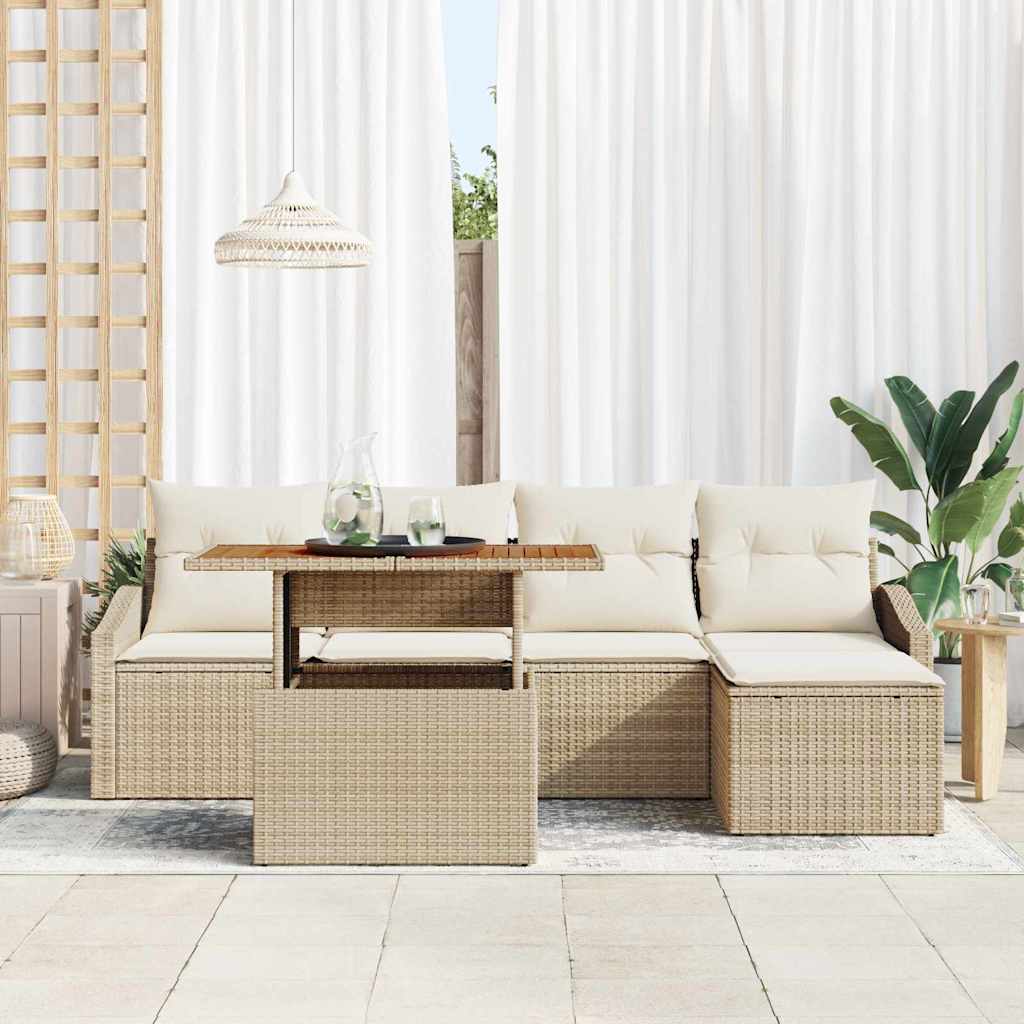vidaXL 6-delige tuinset met kussens in beige poly riet