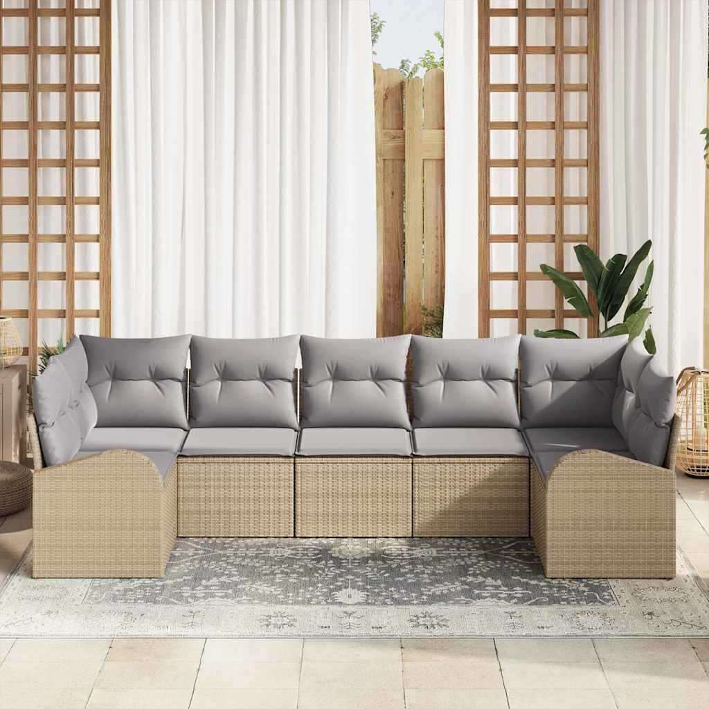 vidaXL 7 Delige Tuinset met Kussens - Beige Poly Rattan