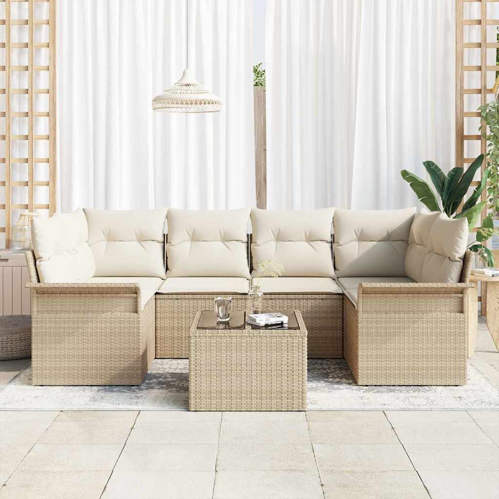 vidaXL 7-delige tuinset met kussens in beige van poly rattan