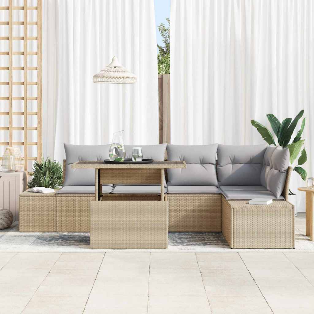 vidaXL 6-delige tuinset met kussens in beige poly rattan