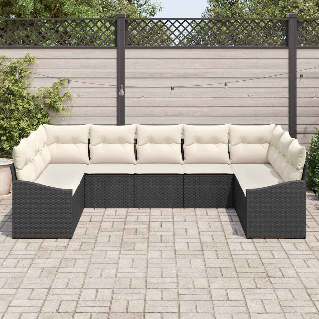vidaXL 9-delige tuinset met kussens in zwart poly rattan