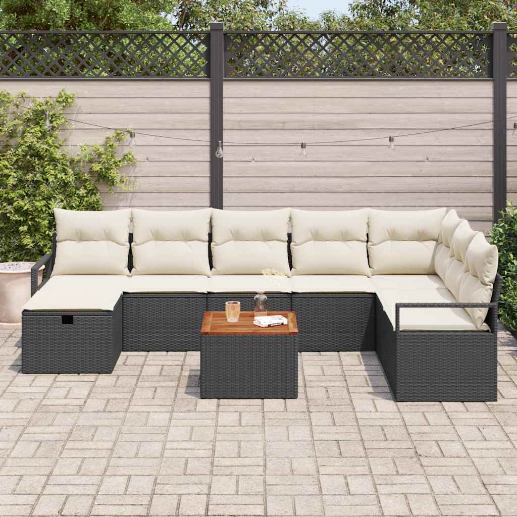 vidaXL 9-delige tuinset met kussens in zwart poly rattan