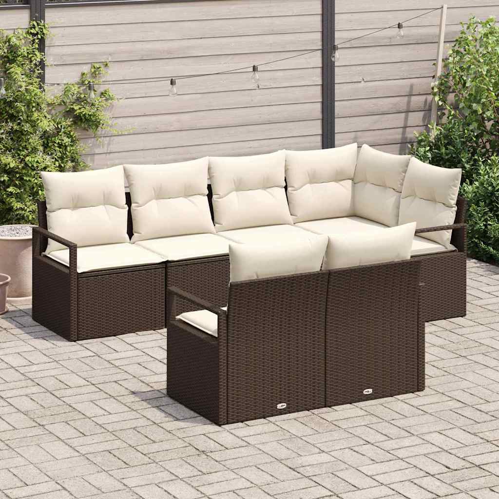 vidaXL 7-delige tuinset met kussens in bruin poly rattan