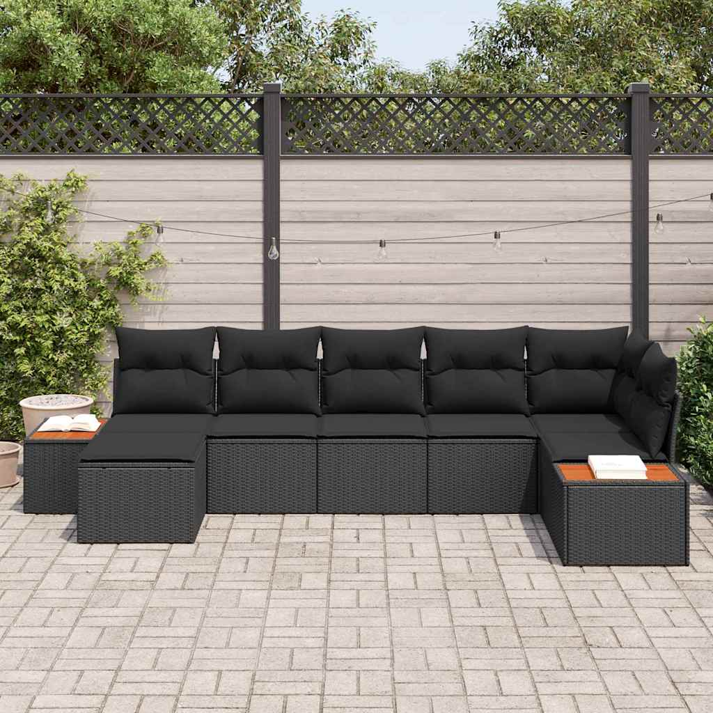 vidaXL 7-delige tuinsofa set met kussens van zwart poly rattan en acacia.