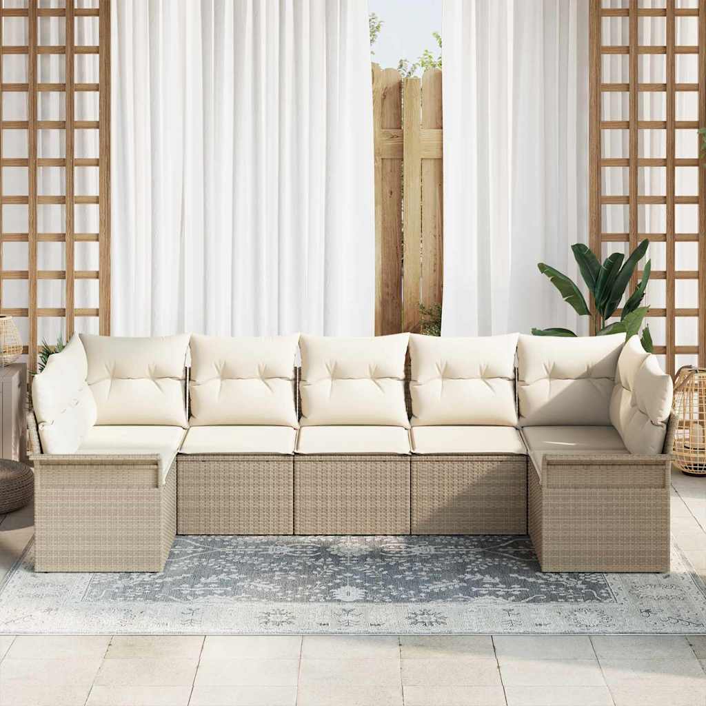 vidaXL 7-delige tuinbankset met kussens in beige poly rattan