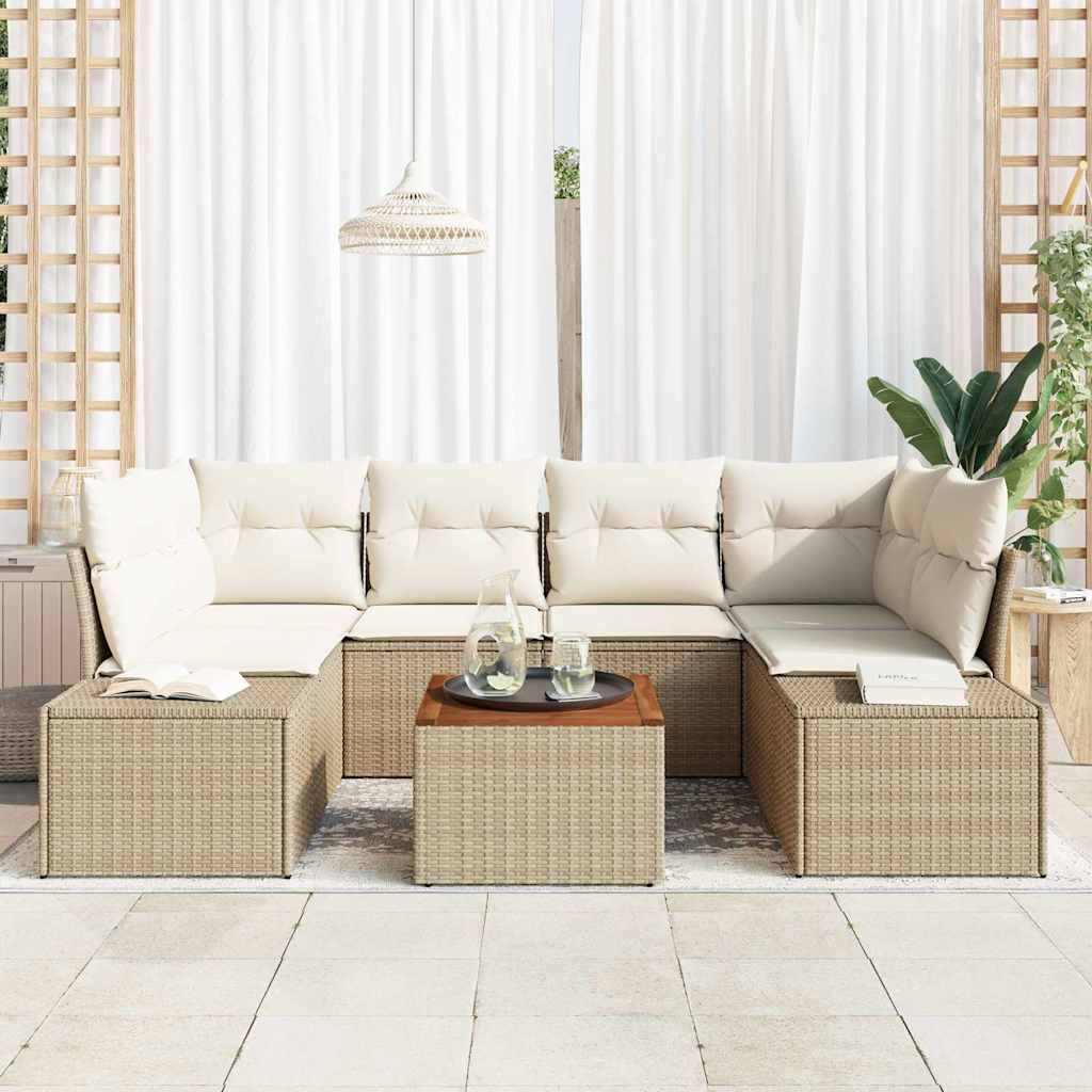 vidaXL 7-delige tuinsofa set met kussens in beige van poly rattan en acacia