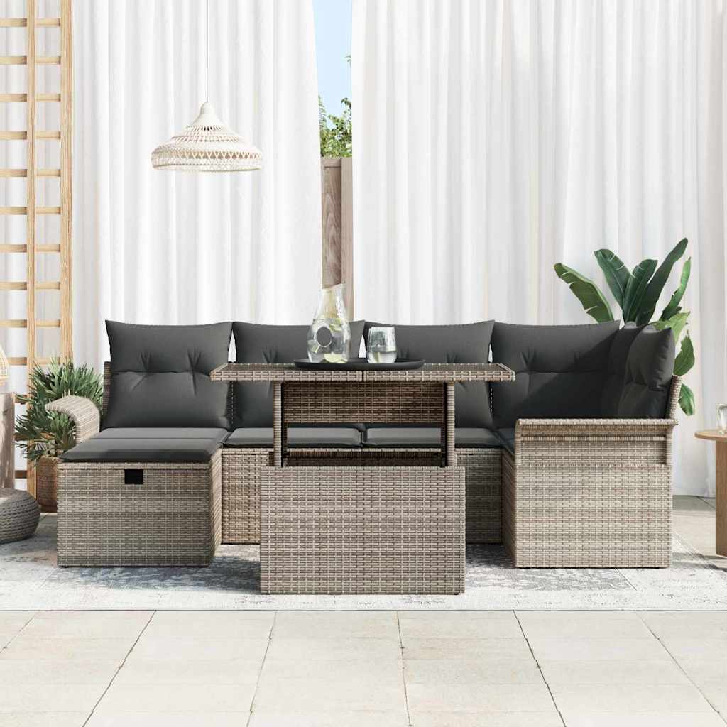 vidaXL 7-delige tuinbankset met kussens grijs poly rattan