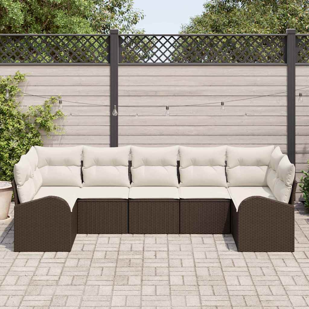 vidaXL 7 Delige Tuinset met Kussens Bruin van Poly Rattan
