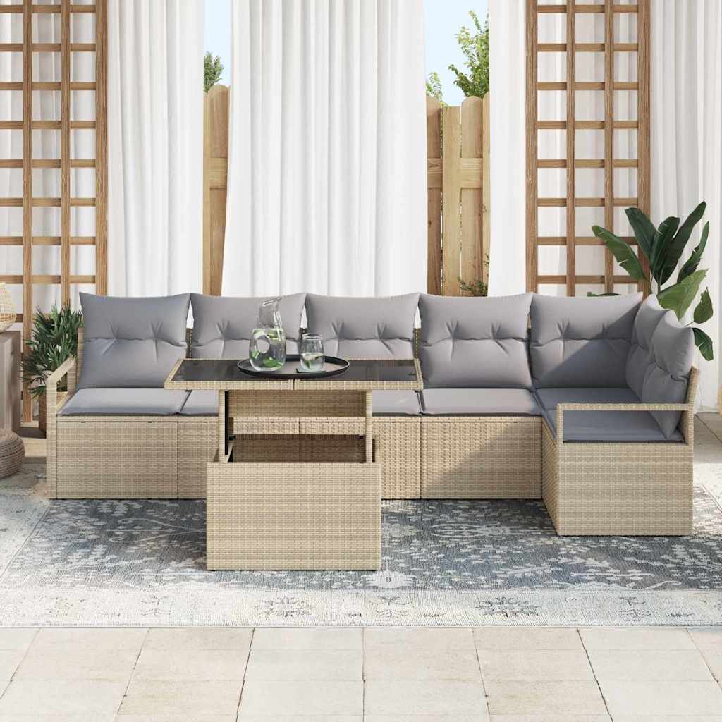 vidaXL 7-delige tuinset met kussens in beige van poly rattan