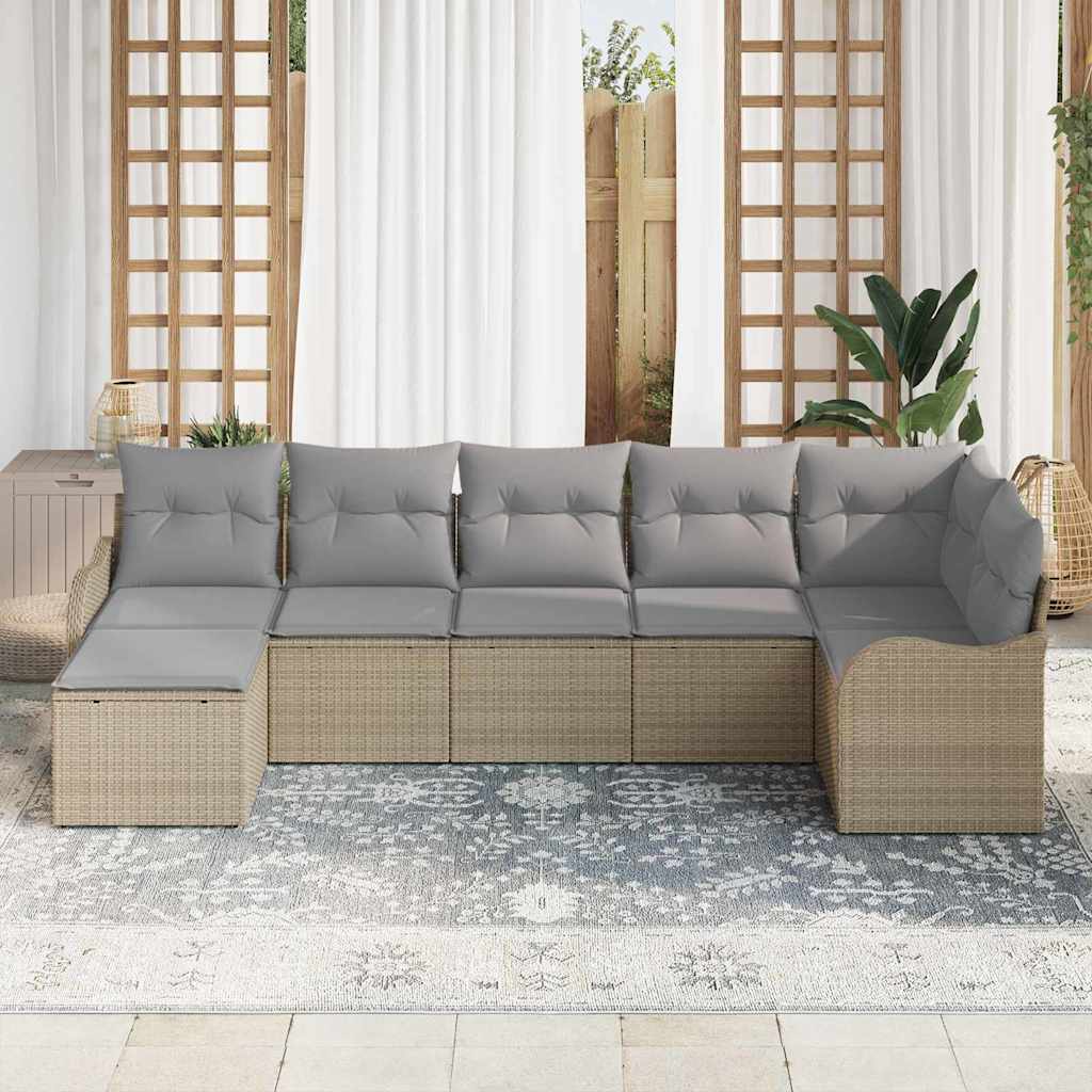 vidaXL 7-delige Tuinbankenset met kussens poly rattan beige