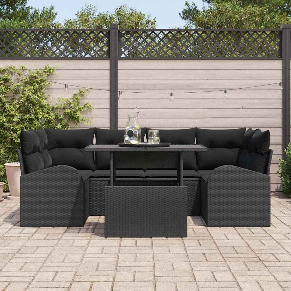 vidaXL 7-delige tuinset met kussens, zwart poly rattan