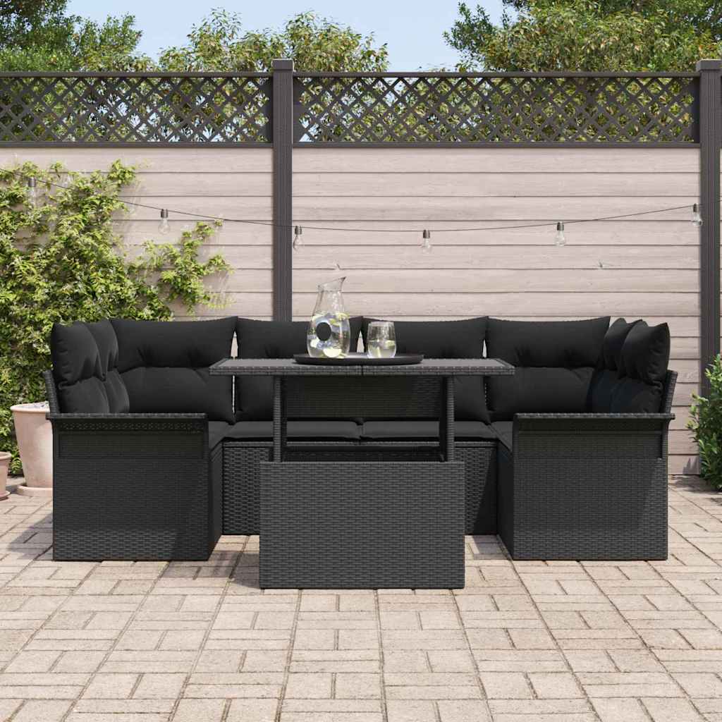 vidaXL 7-delige tuinset met kussens in zwart poly riet