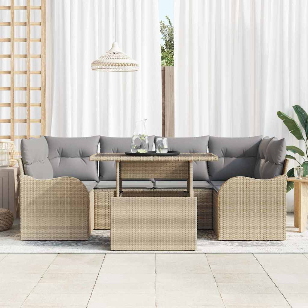 vidaXL 7-delige tuinset met kussens in beige van poly rattan