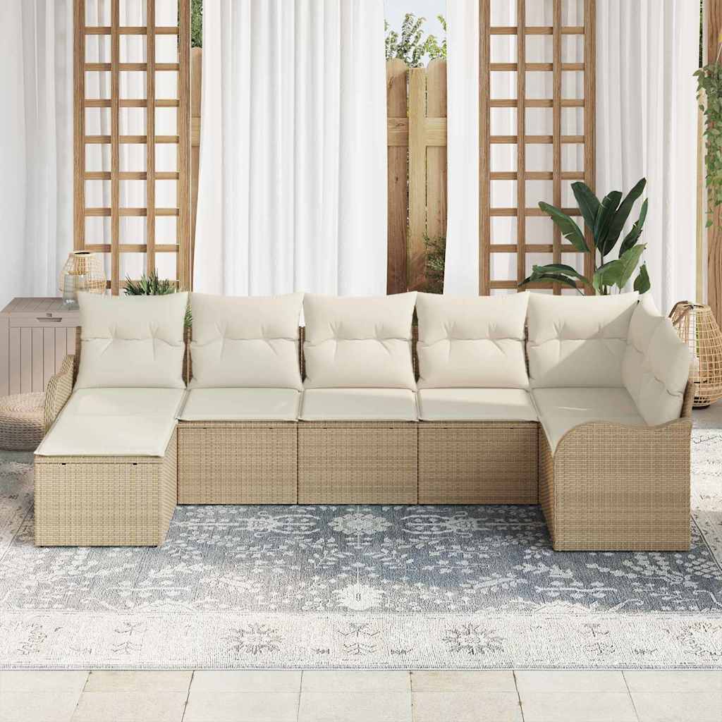 vidaXL 7-delige Tuinbankenset met kussens poly rattan beige