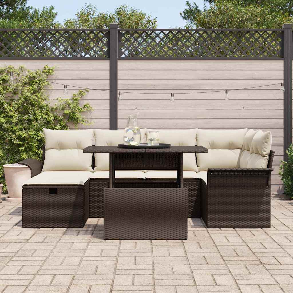 vidaXL 7-delige tuinbankset met kussens bruin poly riet