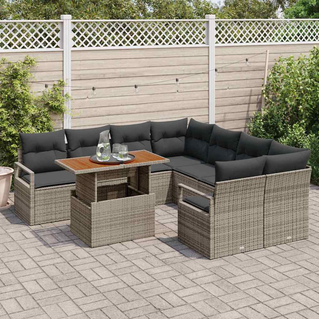 vidaXL 9-delige tuinsofa set met grijze kussens van poly rattan
