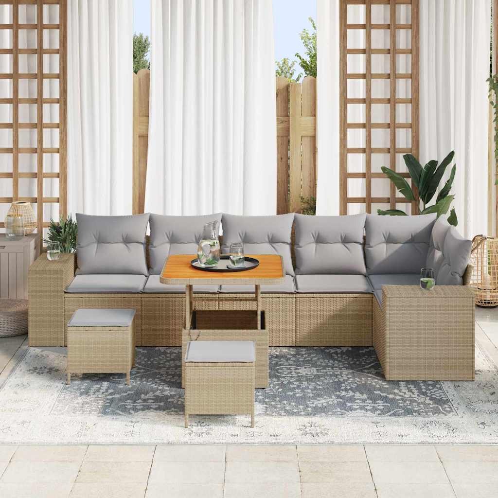 vidaXL 9-delige tuinbankset met kussens in beige poly rattan en acacia.