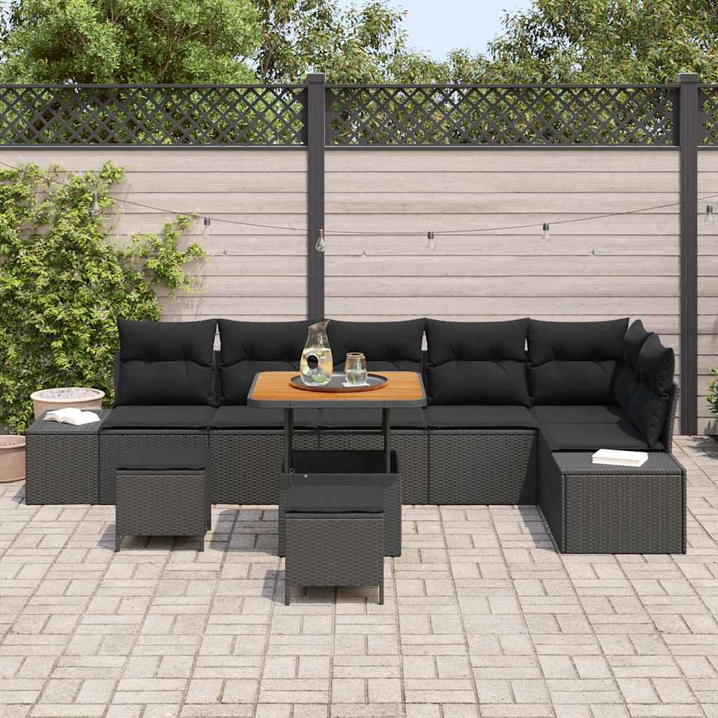 vidaXL 9-delige tuinset met kussens in zwart poly rattan en acaciahout