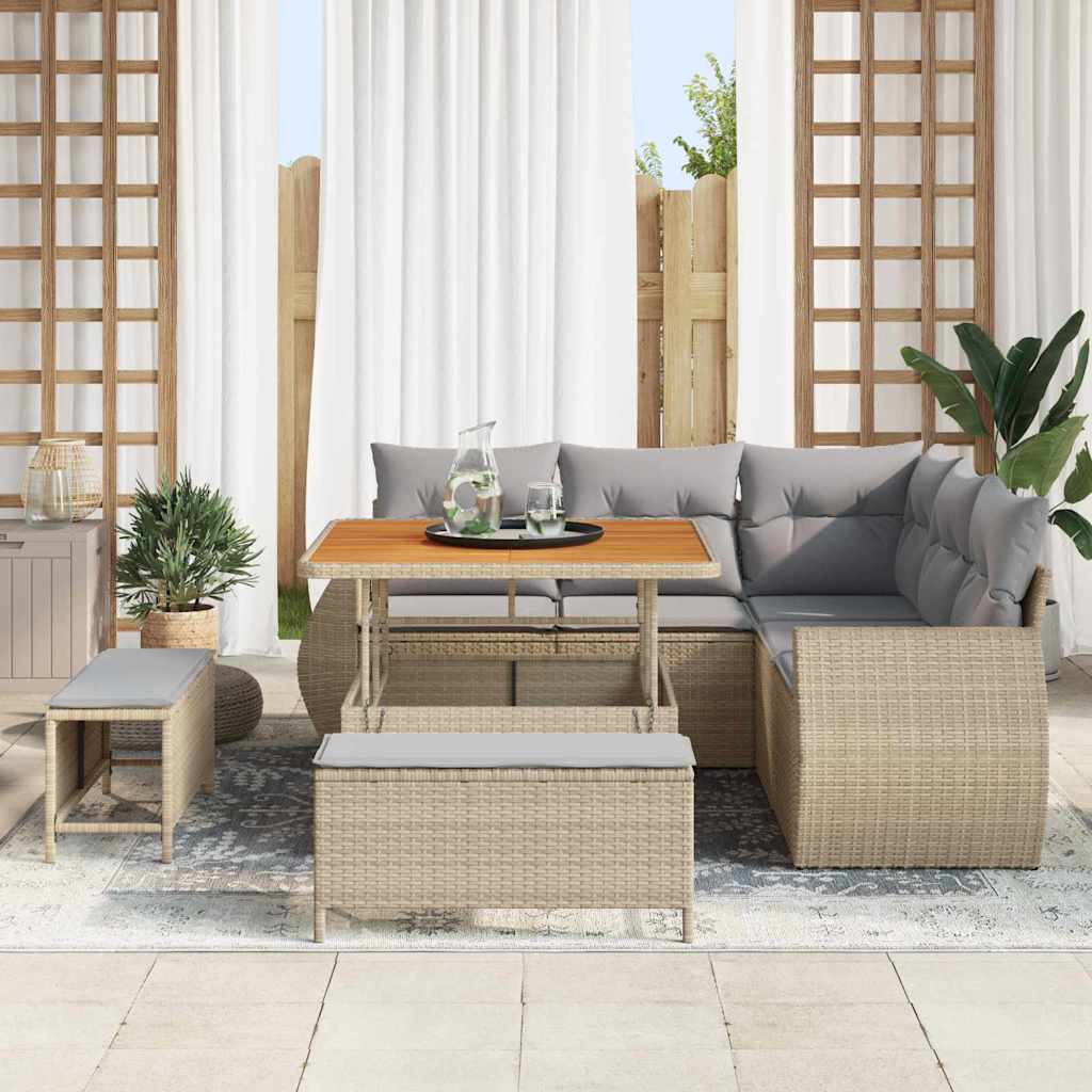 vidaXL 8-delige tuinset met kussens in beige poly rattan en acacia
