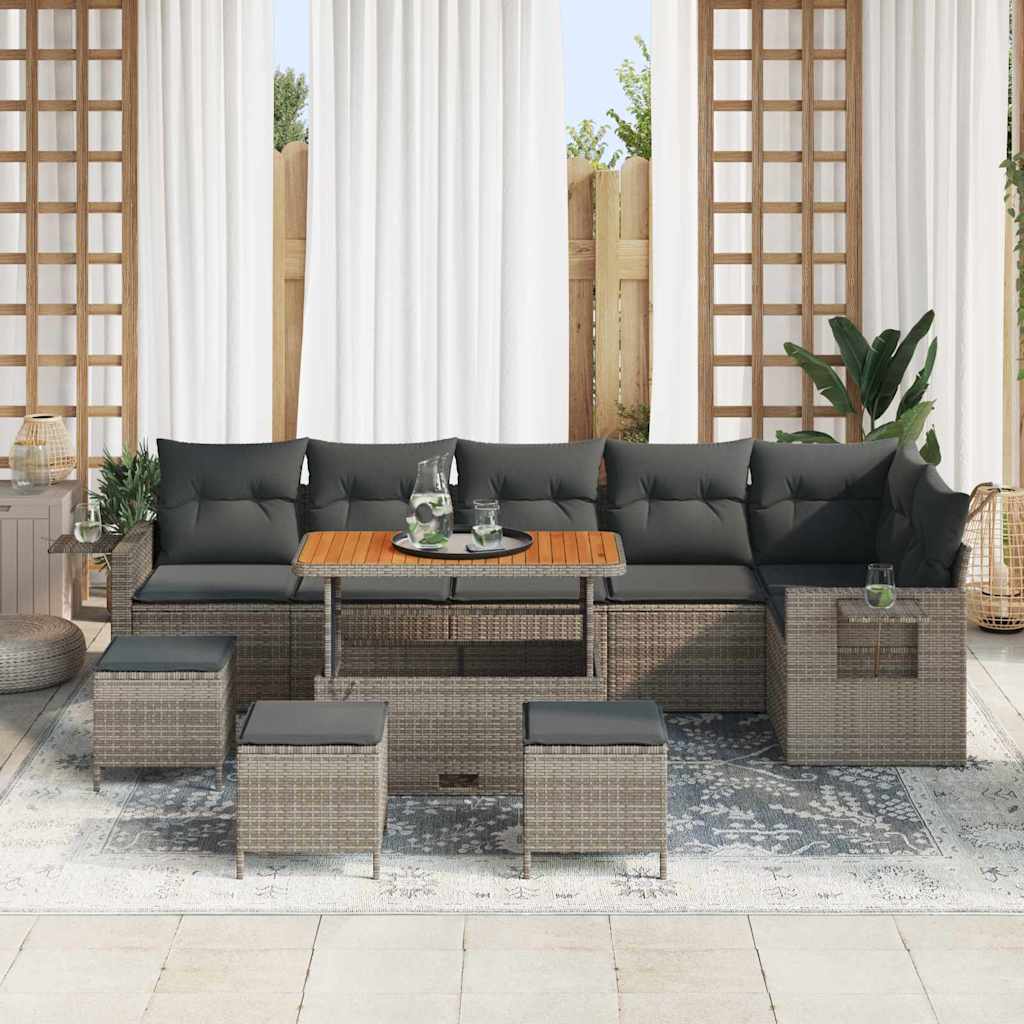 vidaXL 10-delige tuinbankset met kussens grijs poly riet acacia