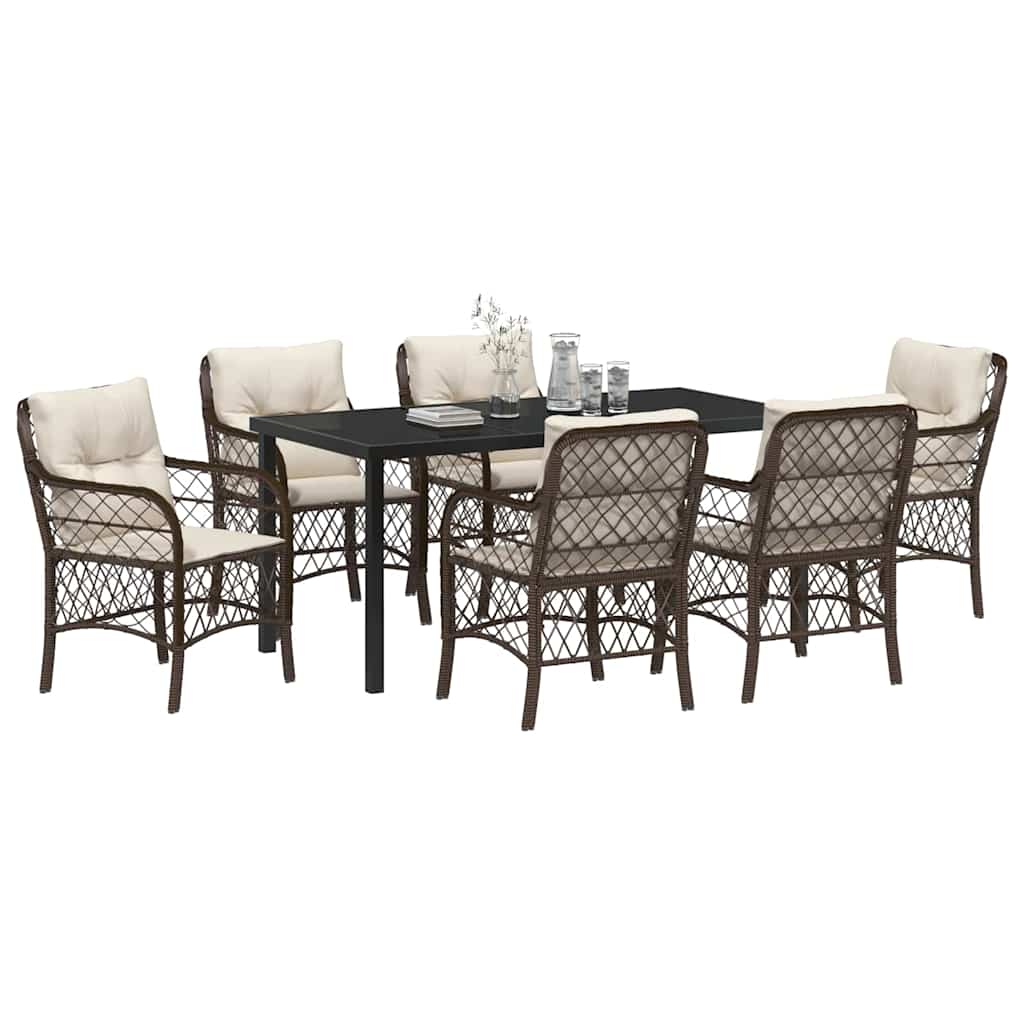 vidaXL 7-delige tuin eettafel set met kussens in bruin poly rattan