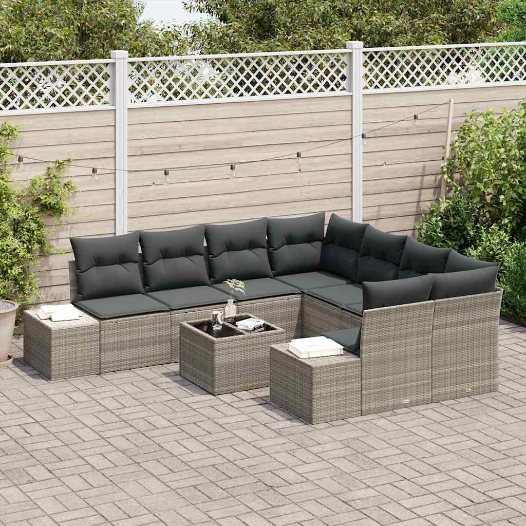 vidaXL 9-delige tuinbankset met kussens in lichtgrijs poly rattan
