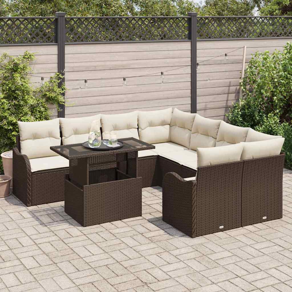 vidaXL 9-delige tuinset met kussens in bruin poly rattan