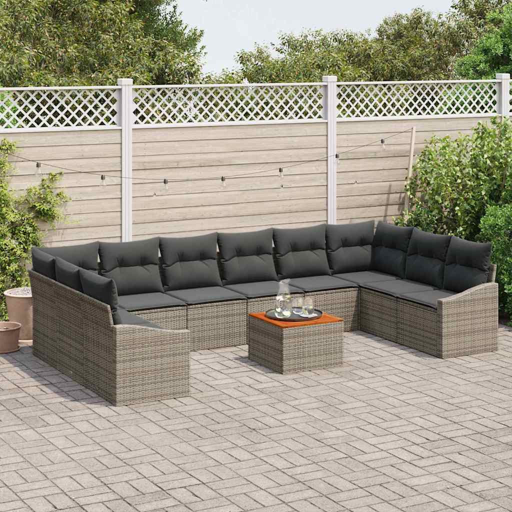 vidaXL 11-delige tuinbankset met kussens in grijs poly riet en acacia