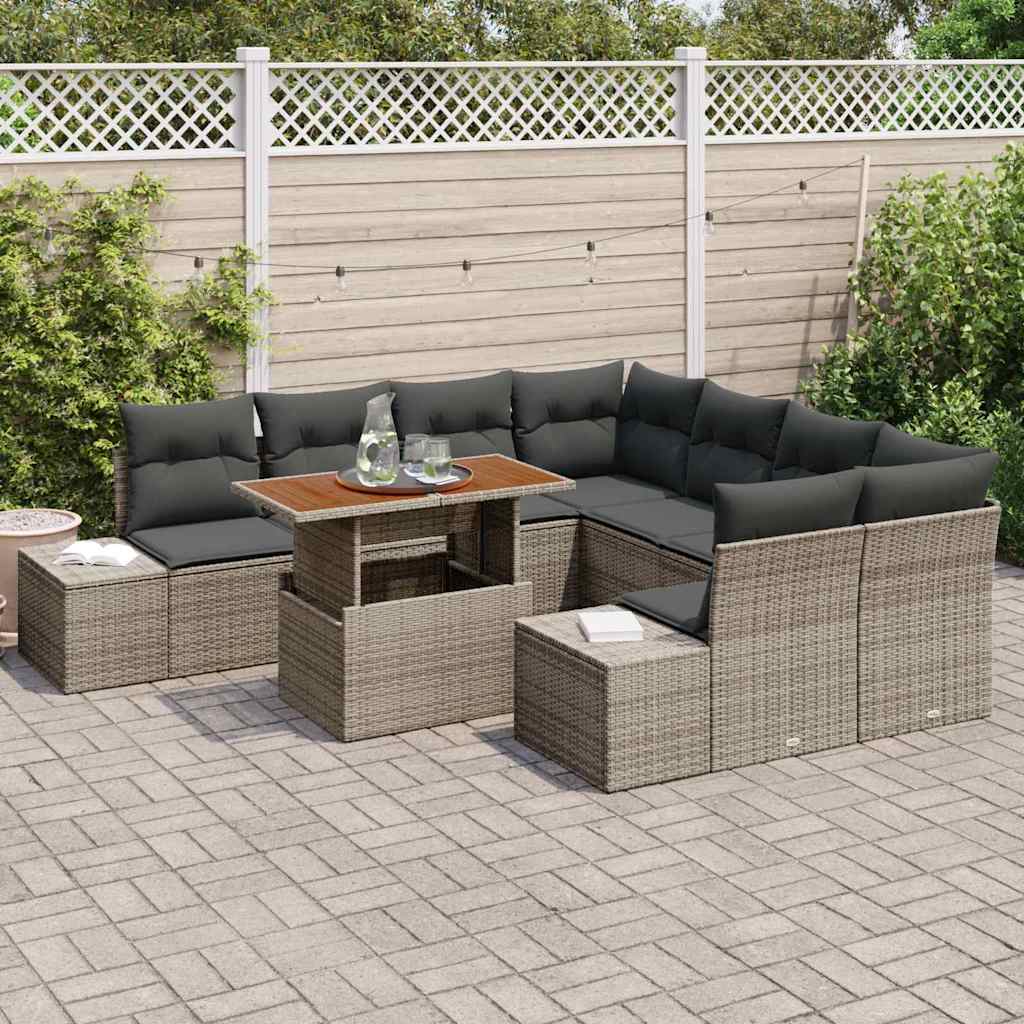 vidaXL 9-delige tuinsofa set met grijze kussens van poly rattan