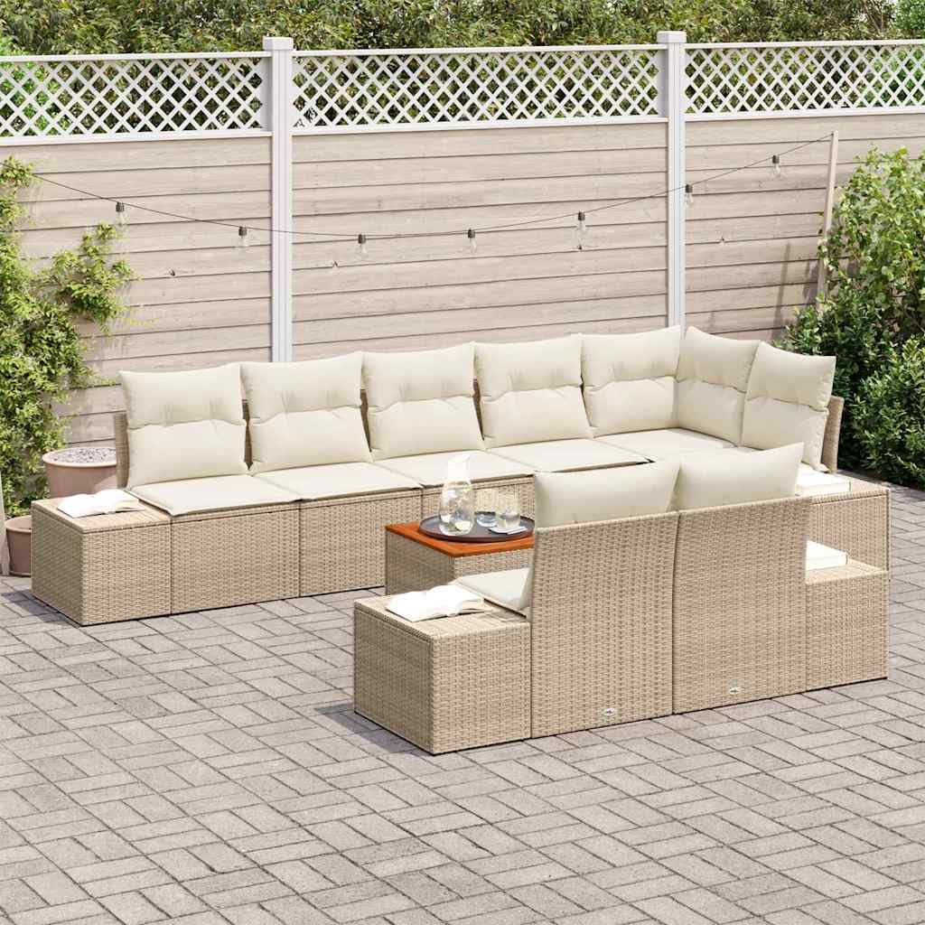 vidaXL 9-delige tuinbankset met kussens in beige van poly riet en acacia