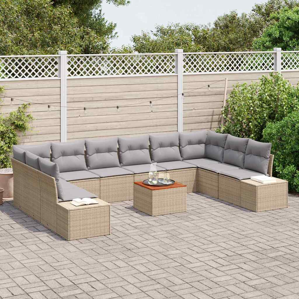 vidaXL 11-delige tuinmeubelset met kussens in beige van poly rattan en acacia