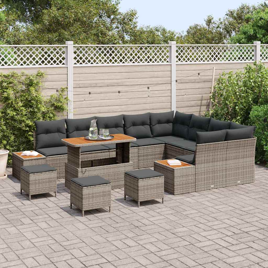vidaXL 13-delige tuinset met kussens in grijs poly rattan en acaciahout