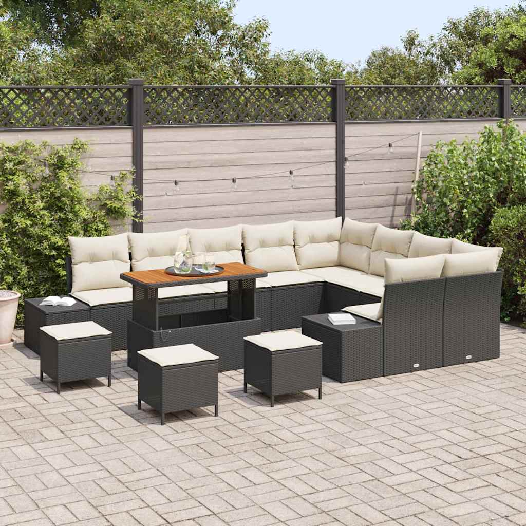 vidaXL 13-delige tuinbankset met kussens, gemaakt van zwart poly rattan en acaciahout.