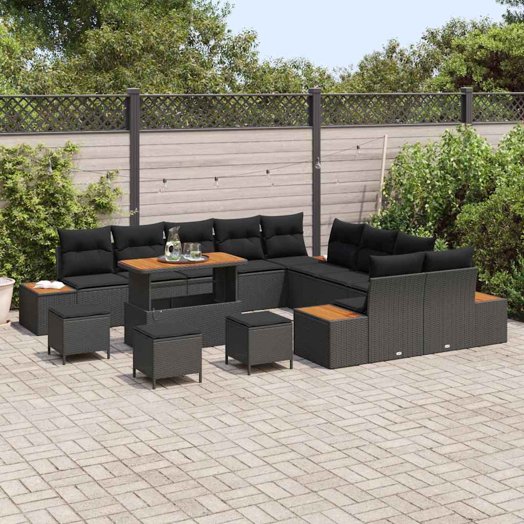 vidaXL 14 Delige Tuinbanken Set met Kussens - Zwart Poly Rattan en Acacia