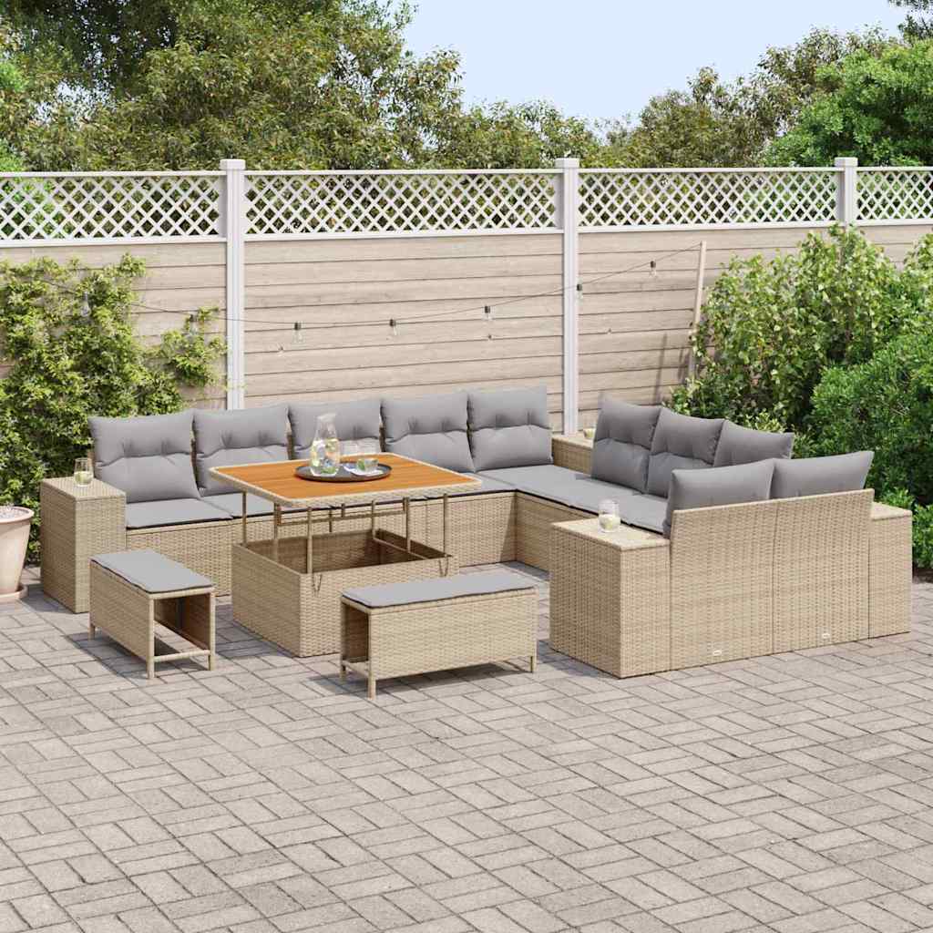 vidaXL 13-delige tuinset met kussens in beige poly rattan en acacia