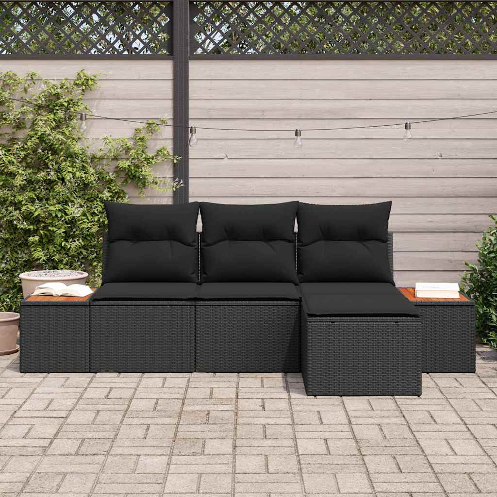 vidaXL 4-delige tuinbankset met kussens - zwart poly rattan en acacia