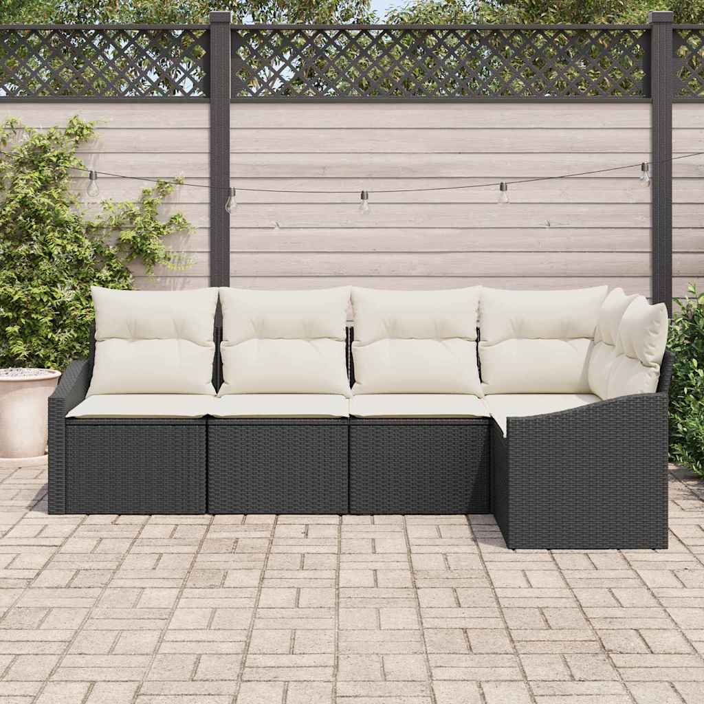 vidaXL 5-delige tuin eetset met kussens in zwart van poly rattan