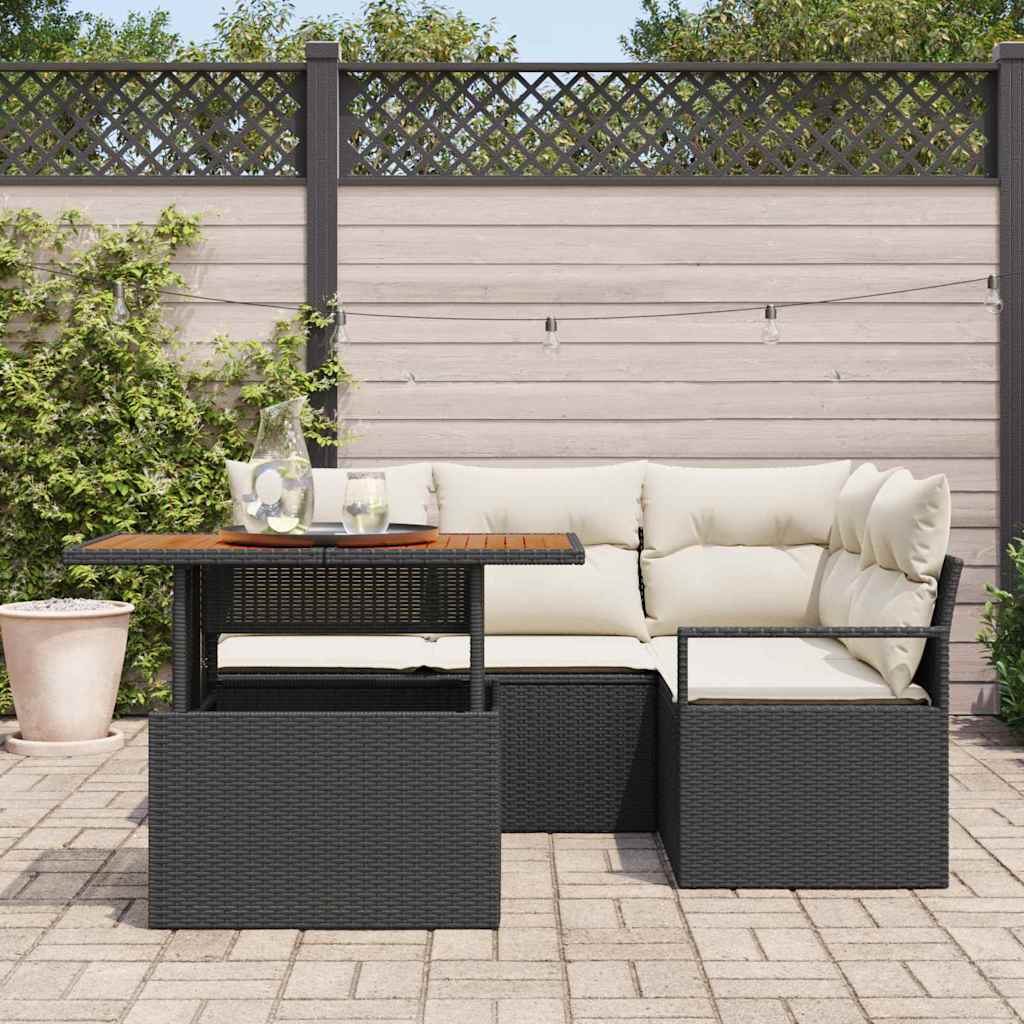 vidaXL 5-delige tuinsofa set met kussens in zwart van poly rattan en acacia