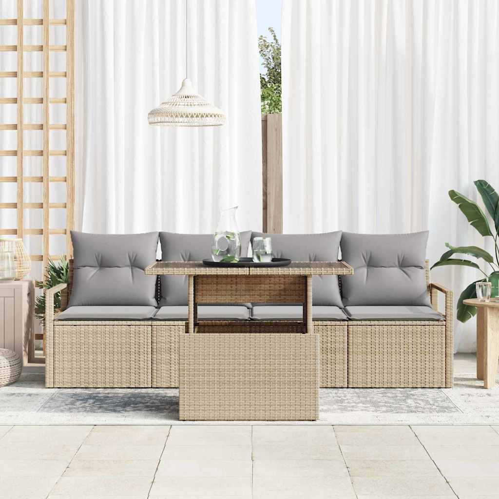 vidaXL 5-delige tuinbankset met kussens in beige poly rattan