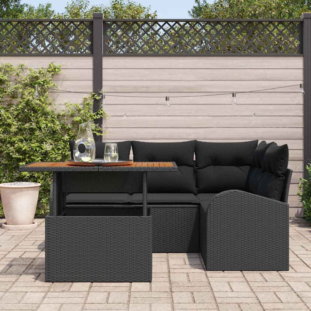 vidaXL 5-delige tuinset met kussens in het zwart, van poly riet en acacia