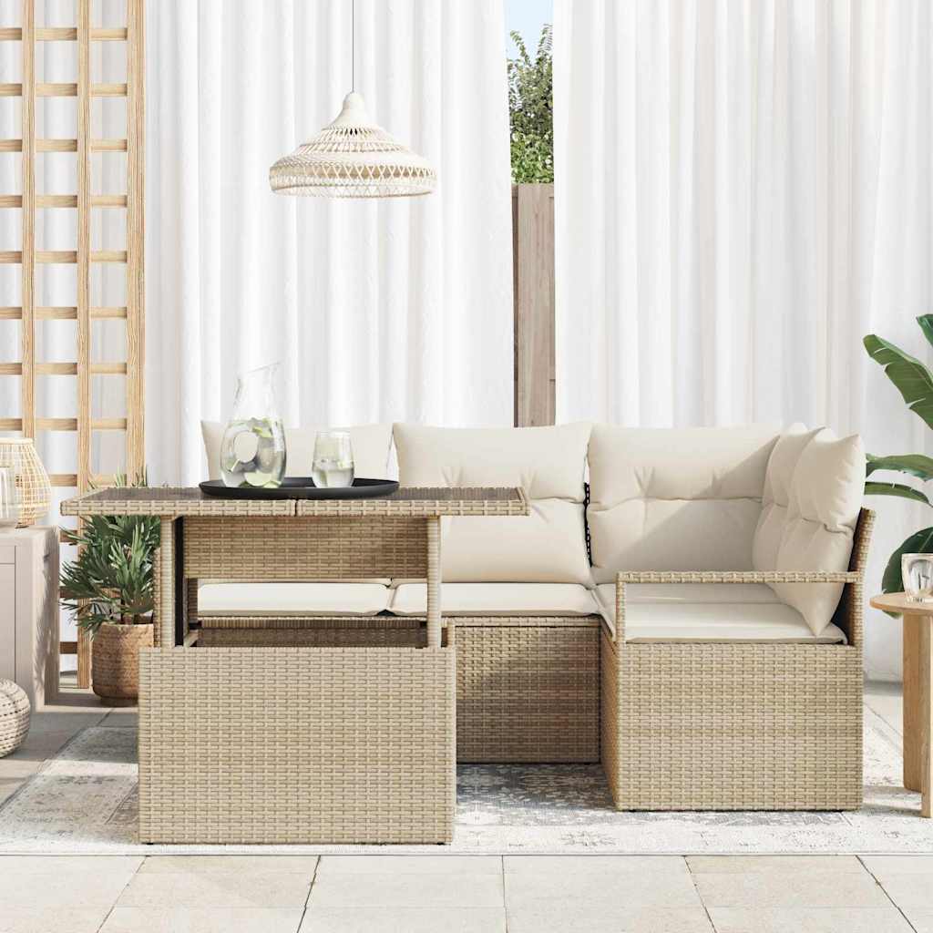 vidaXL 5-delige tuinset met kussens in beige poly rattan