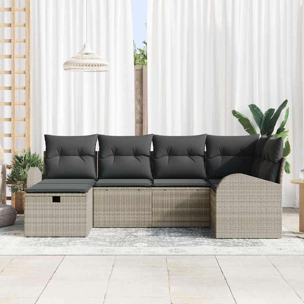 vidaXL 6-delige tuinset met kussens in lichtgrijs poly rattan