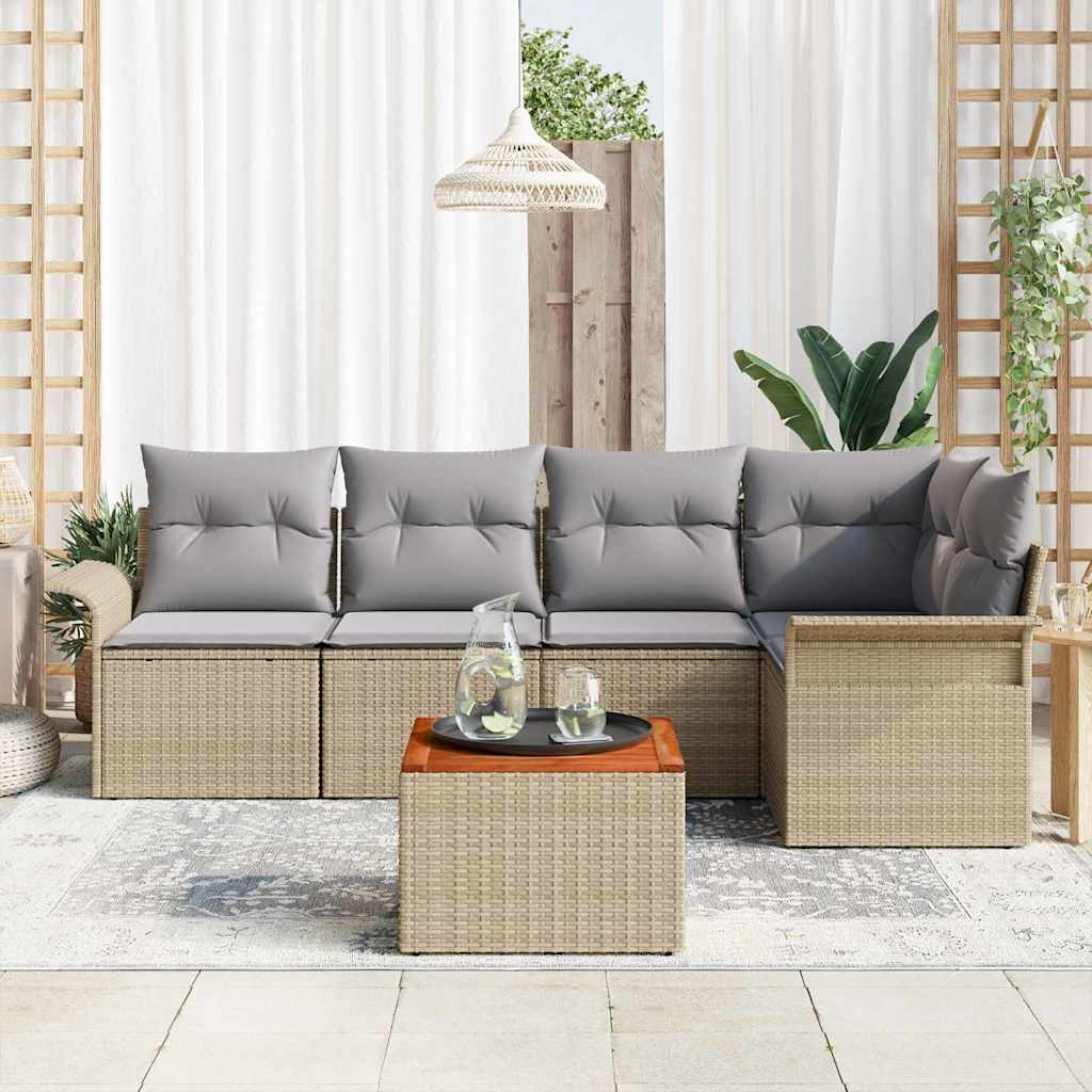 vidaXL 6-delige tuinset met kussens in beige, gemaakt van poly rattan en acacia.