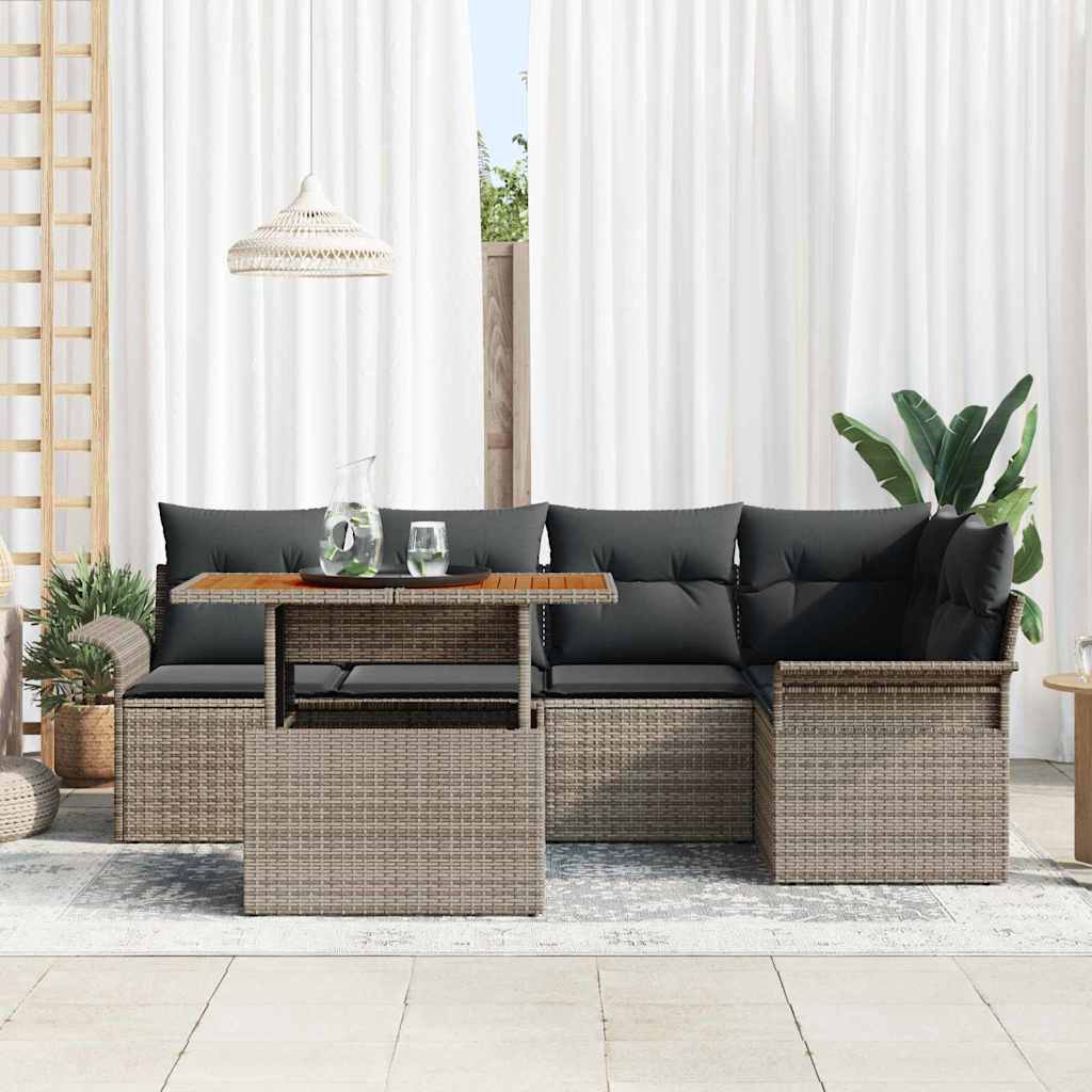 vidaXL 6-delige tuinset met kussens grijs poly riet acacia
