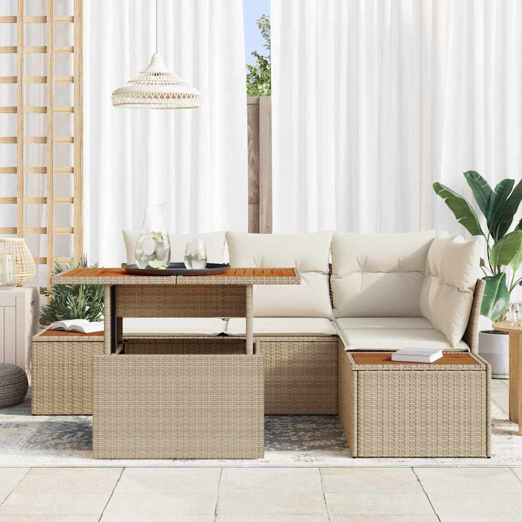 vidaXL 5-delige tuinset met kussens in beige, van poly riet en acacia