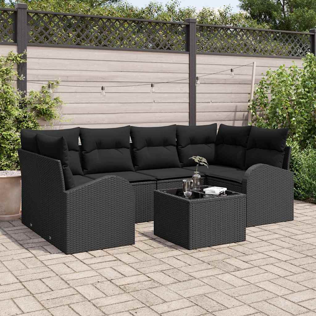 vidaXL 7-delige Tuinset met Kussens in Zwart Poly Rattan