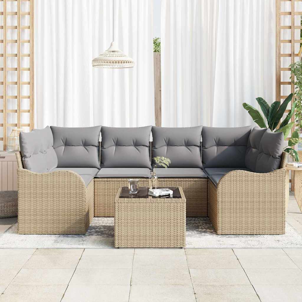 vidaXL 7-delige tuinset met kussens - Beige poly rattan