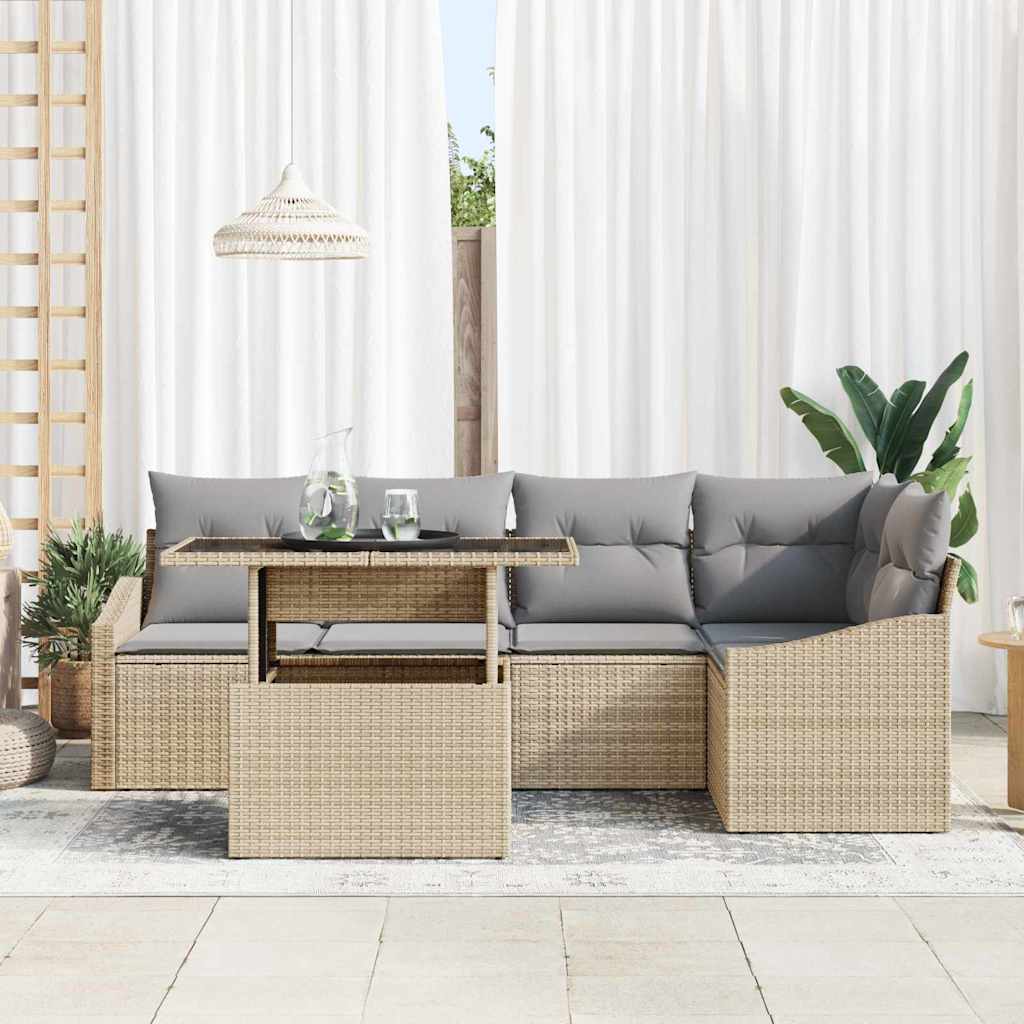 vidaXL 6-delige tuinsofa set met kussens in Beige Poly Rattan