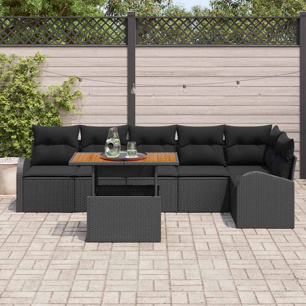 vidaXL 7-delige tuinset met kussens, zwarte poly rattan en acacia.