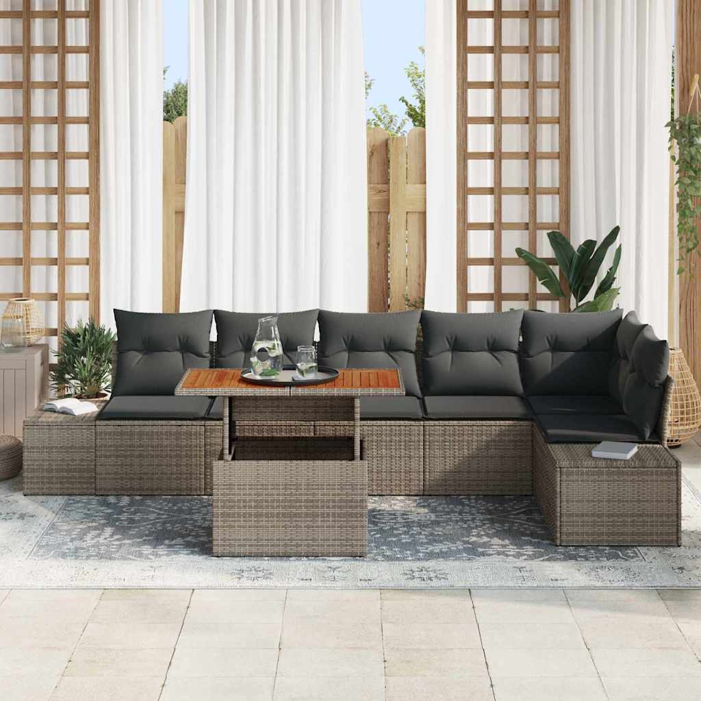 vidaXL 7-delige tuinset met kussens in grijs poly rattan en acacia